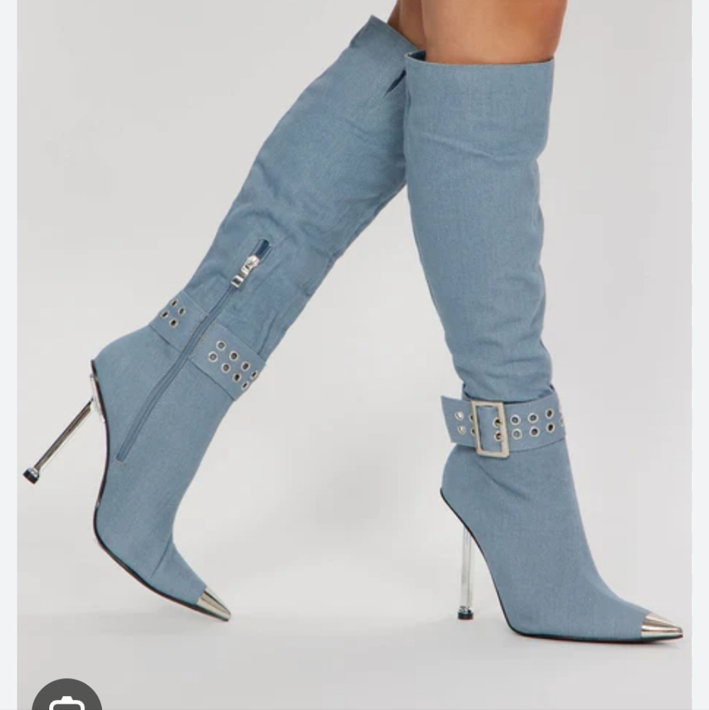 Fashion Nova Light Blue Pointed Over-The-Knee Boots with Metallic Toe - Picture 3 of 3